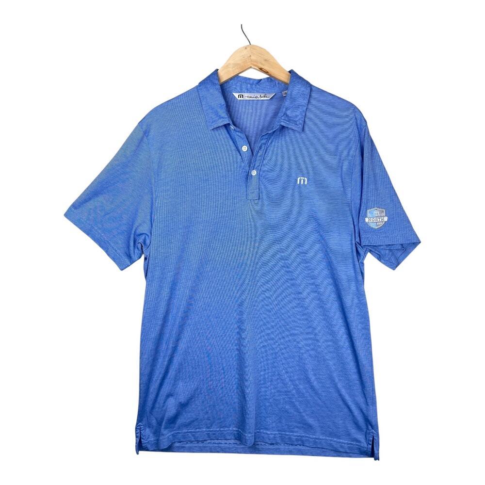 TRAVIS MATHEW Shirt Mens large Golf Polo Blue with course logo on sleeve